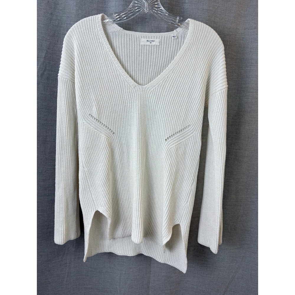 Billy‎ Reid Ivory V Neck Knit Sweater Ribbed Split Hem Lightweight Layer Size XS